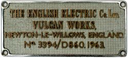 EE VW 3394/D860 ex D6916 Great Eastern Worksplate THE ENGLISH ELECTRIC CO LTD VULCAN WORKS NEWTON-