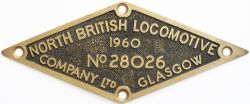 NB 28026 1960 ex D2773 Worksplate NORTH BRITISH LOCOMOTIVE COMPANY LTD GLASGOW No 28026 1960 ex