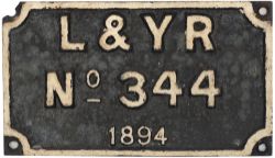 L&YR No344 1894 Lancashire and Yorkshire Railway cast iron tenderplate L&YR No344 1894 ex LMS 10178