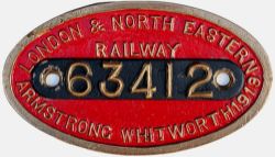 LNER AW 1919 63412 Worksplate LONDON & NORTH EASTERN RAILWAY ARMSTRONG WHITWORTH 1919 63412 ex Raven