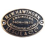 R&WHL 3404 1920 ex TVR 403/ GWR 389 Worksplate R & W HAWTHORN, LESLIE & CO LTD ENGINEERS NEWCASTLE-