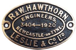 R&WHL 3404 1920 ex TVR 403/ GWR 389 Worksplate R & W HAWTHORN, LESLIE & CO LTD ENGINEERS NEWCASTLE-