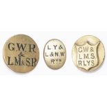 x3 GWR&LM&SR, LY&L&NW, GW&LMS Railway Horse Brasses x3; G.W.R.& L.M.& S.R circular, G.W. & L.M.S.