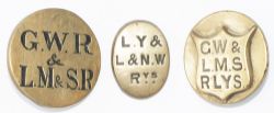 x3 GWR&LM&SR, LY&L&NW, GW&LMS Railway Horse Brasses x3; G.W.R.& L.M.& S.R circular, G.W. & L.M.S.