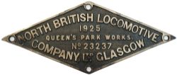 NBL 23237 1925 ex 41143 Worksplate NORTH BRITISH LOCOMOTIVE COMPANY LTD GLASGOW QUEEN'S PARK WORKS