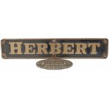 Herbert + Worksplate Avonside 1950 1924 Nameplate HERBERT together wits its matching worksplate