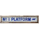 GWR No1 Platform GWR platform enamel sign No1 PLATFORM with pointing hand. In original wooden frame,