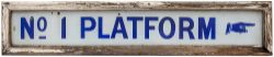 GWR No1 Platform GWR platform enamel sign No1 PLATFORM with pointing hand. In original wooden frame,
