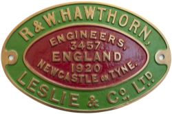 HL 3457 1920 Worksplate R&W HAWTHORN LESLIE & CO LTD ENGINEERS NEWCASTLE ON TYNE ENGLAND 3457 1920