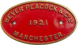 BP 1921 ex SAR 12A/15A Worksplate BEYER PEACOCK & CO LD MANCHSTER 1921 believed to be off a South