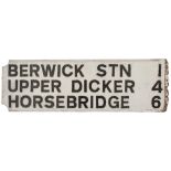 Berwick Stn etc Road direction sign BERWICK STN 1 UPPER DICKER 4 HORSEBRIDGE 6. Wood with cast