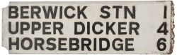 Berwick Stn etc Road direction sign BERWICK STN 1 UPPER DICKER 4 HORSEBRIDGE 6. Wood with cast