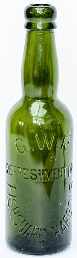 GWR Bottle Fishguard Harbour GWR REFRESHMENT DEPARTMENT FISHGUARD HARBOUR green glass Beer Bottle.