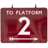 BR(M) FF To Platform 2 (double sided) BR(M) FF enamel railway sign TO PLATFORM 2 with arrow.