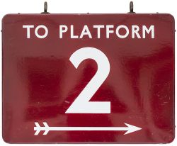 BR(M) FF To Platform 2 (double sided) BR(M) FF enamel railway sign TO PLATFORM 2 with arrow.