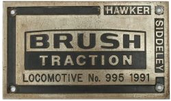 Brush 995 1991 ex 60093 Jack Stirk Worksplate BRUSH TRACTION HAWKER SIDDELEY LOCOMOTIVE No995 1991