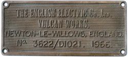 EE VW 3622/D1021 1966 ex D8151 Worksplate THE ENGLISH ELECTRIC CO LTD VULCAN WORKS NEWTON-LE-WILLOWS