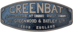 Greenbat 2691 1957 ex Cwm Coke Works Worksplate GREENBAT LOCOMOTIVE No 2691 BUILT 1957 BY