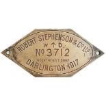 RS WD No3712 1917 ex 63686 Worksplate ROBERT STEPHENSON & CO LTD DARLINGTON 1917 WD No 3712 INDENT