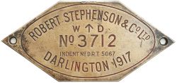 RS WD No3712 1917 ex 63686 Worksplate ROBERT STEPHENSON & CO LTD DARLINGTON 1917 WD No 3712 INDENT