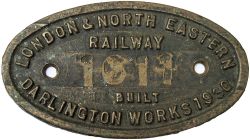 LNER Darlington 1930 1611 ex Raynham Hal Worksplate LONDON & NORTH EASTERN RAILWAY BUILT