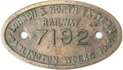 Darlington 7192 1939 ex 60852 Tenderplate LONDON & NORTH EASTERN RAILWAY DARLINGTON WORKS 1939