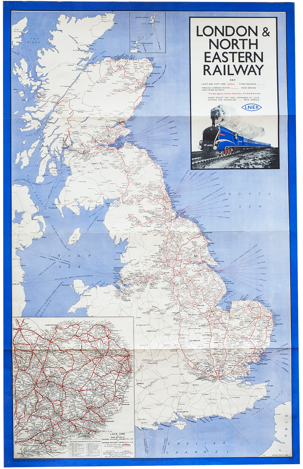 LNER DR System Map + A4 4492 Poster LONDON & NORTH EASTERN RAILWAY MAP OF SYSTEM published in 1939
