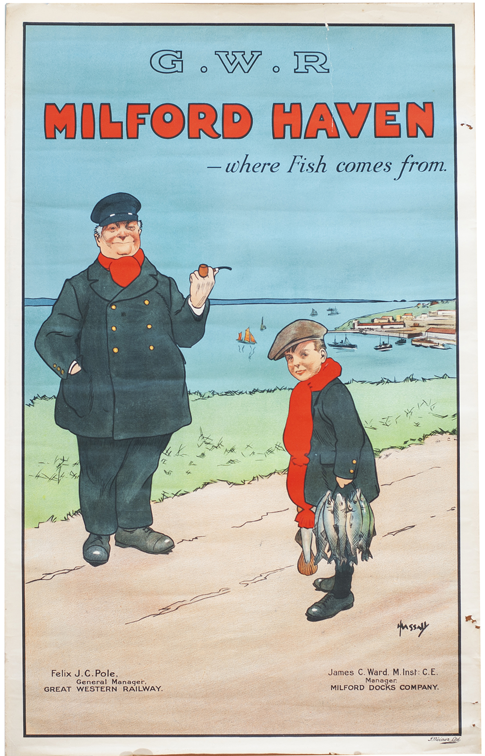 Poster GWR MILFORD HAVEN - WHERE FISH COMES FROM by John Hassall circa 1925. Double Royal 25in x