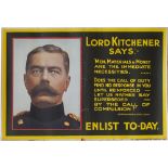 WW1 DC Lord Kitchener Enlist Today WW1 Poster LORD KITCHENER SAYS ENLIST TO-DAY with text from his