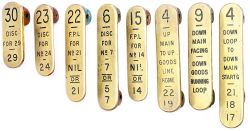 GWR x8 GWR brass signal lever leads x8 to include numbers 30, 23, 22, 6, 15, 4, 9 & 4. All in good