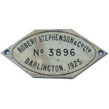 RS 3896 1925 ex S&DJR 53810 Worksplate ROBERT STEPHENSON & CO LTD DARLINGTON 1925 No 3896 ex