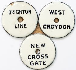 LBSCR Train Describer Plates x3 LB&SCR circular enamel Train Describer Plates; BRIGHTON LINE, WEST