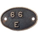 66E Shedplate 66E Carstairs 1960-1963. In as removed condition and complete with a BR label