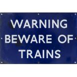 BR(E) Beware Of Trains BR(E) enamel railway sign WARNING BEWARE OF TRAINS. In good condition with