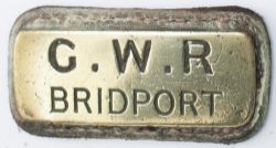 GWR Cashbag Plate G.W.R. BRIDPORT. Hand engraved brass on original leather backing, measures 3in x