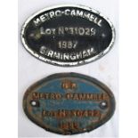 2 x DMU Diesel Worksplates. BR METRO-CAMMEL Lot No 31029 1987 and BR METRO-CAMMEL Lot No 30492 1959.
