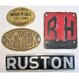 A Lot containing 4 x makers plates. RUSTON & HORNSBY. SIMPLEX. RUSTON. ARTHER M COLE SLEAFORD