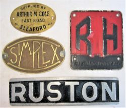 A Lot containing 4 x makers plates. RUSTON & HORNSBY. SIMPLEX. RUSTON. ARTHER M COLE SLEAFORD