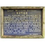 GWR Enamel Trespass Notice housed within a wooden frame. Good restorable condition.