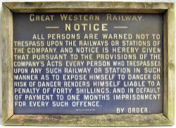 GWR Enamel Trespass Notice housed within a wooden frame. Good restorable condition.