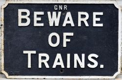 GNR Cast iron notice. GNR BEWARE OF TRAINS. Original condition.