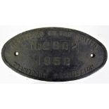 Cast Iron Locomotive registration plate. BRITISH TRANSPORT COMMISSION No 2682 1958.