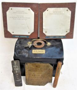 Drivers snap tin plated, F FLOWER containing mounted plaques in reference to testing Bogie and