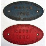 2 x Cast iron registration plates. No 2748 1958 together No 2989 1962. Both in original condition.