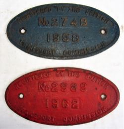 2 x Cast iron registration plates. No 2748 1958 together No 2989 1962. Both in original condition.