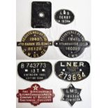 7 x Cast Iron Wagon Plates to include, REGISTERED BY GWR 10 TONS 1940 85128. REGISTERED BY LMS 14