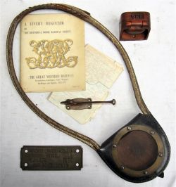 A lot containing miscellaneous items to include an early Tyers leather tablet pouch. GWR brass