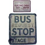 Cast aluminium wall mounted Bus Stop sign. BUS REQUEST STOP - STAGE together with a small cast