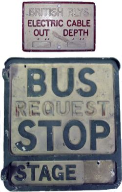 Cast aluminium wall mounted Bus Stop sign. BUS REQUEST STOP - STAGE together with a small cast