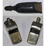2 x Acme Thunderer Guards Whistles. L&SWR and SR together with LSWR bone whistle stamped LSWR.